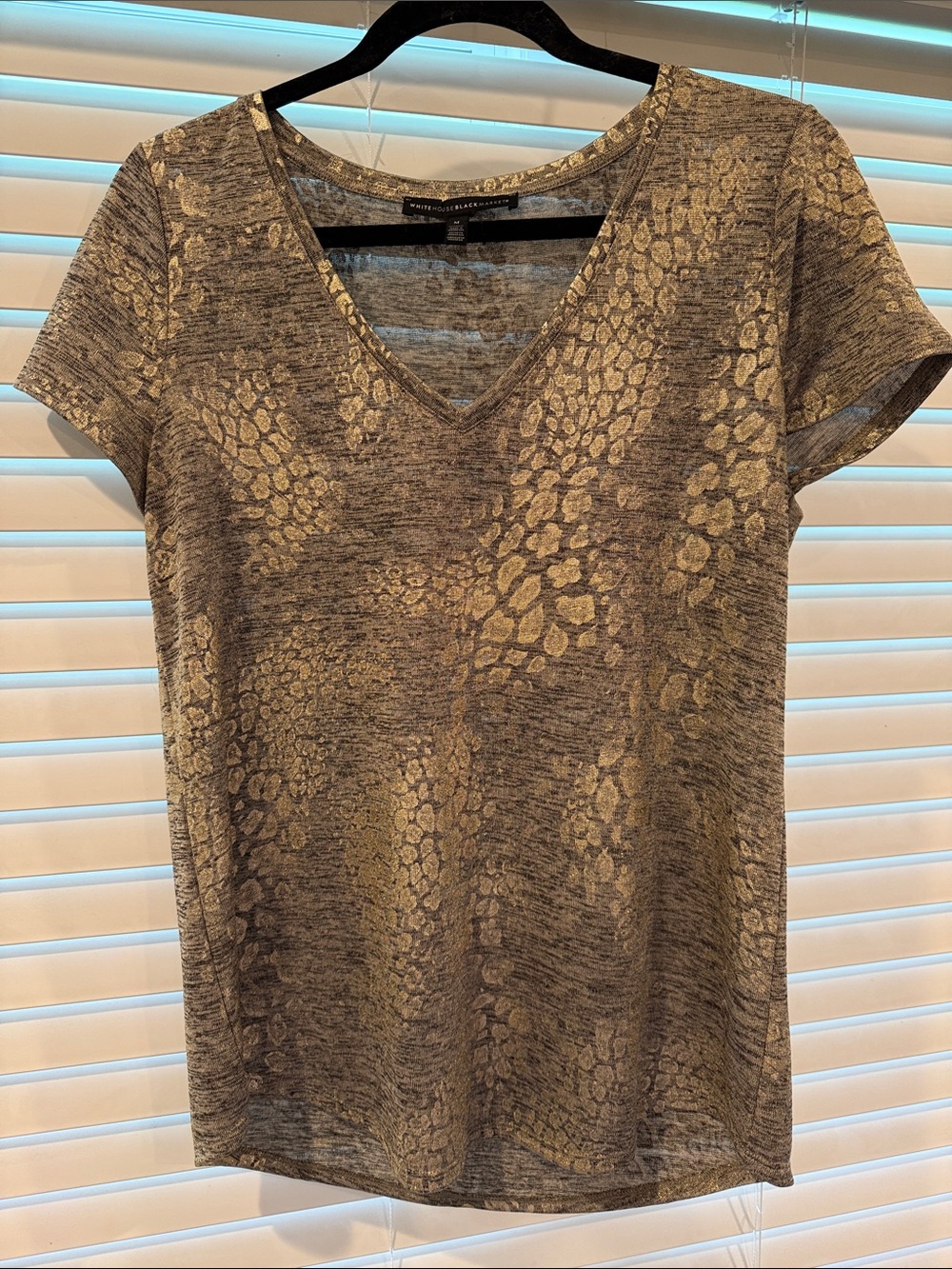 White House Black Market Gold Snake-Print V-Neck Tee